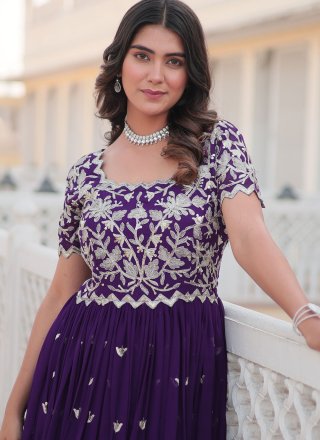 Purple Faux Georgette Gown with Embroidered and Sequins Work