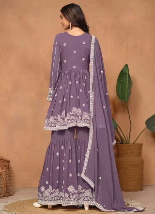 Purple Faux Georgette Palazzo Salwar Suit with Embroidered Work for Ceremonial