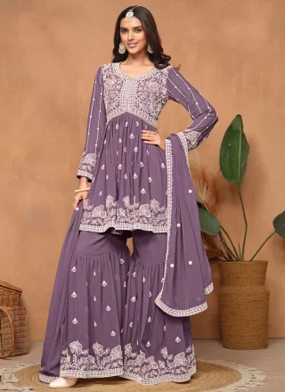 Purple Faux Georgette Palazzo Salwar Suit with Embroidered Work for Ceremonial