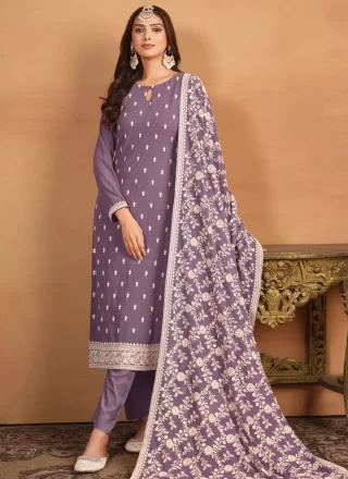 Purple Faux Georgette Trendy Suit with Embroidered Work