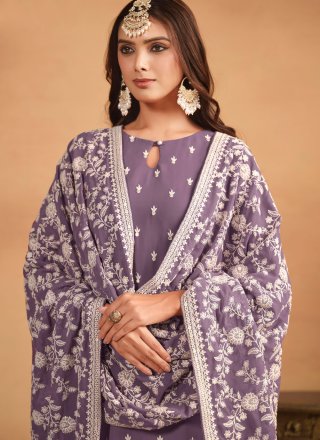 Purple Faux Georgette Trendy Suit with Embroidered Work