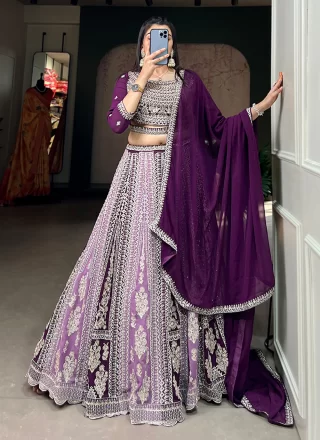 Purple Georgette A - Line Lehenga Choli with Diamond, Embroidered and Thread Work for Ceremonial