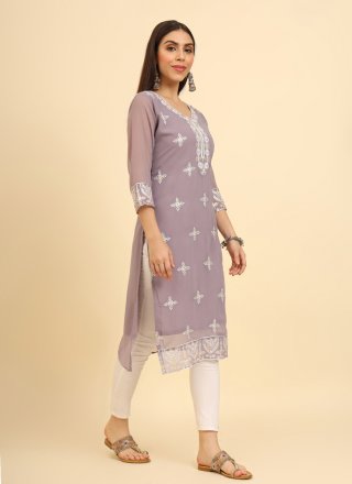Purple Georgette Casual Kurti with Chikankari, Embroidered and Lucknowi Work Work