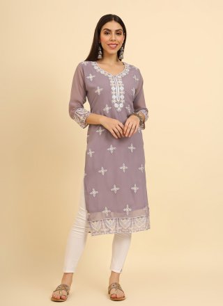 Purple Georgette Casual Kurti with Chikankari, Embroidered and Lucknowi Work Work