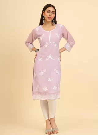Purple Georgette Casual Kurti with Chikankari, Embroidered and Lucknowi Work Work