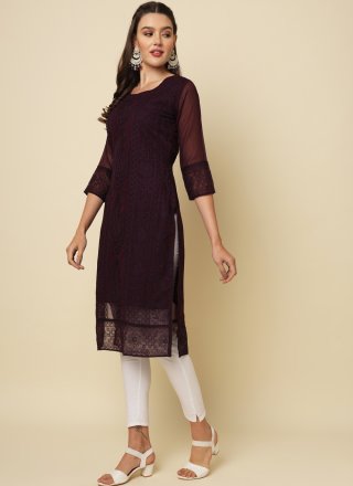 Purple Georgette Chikankari, Embroidered and Thread Work Casual Kurti