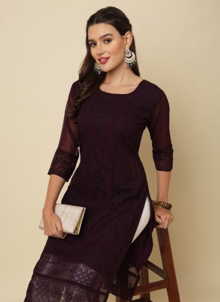 Purple Georgette Chikankari, Embroidered and Thread Work Casual Kurti