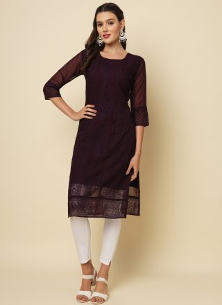 Purple Georgette Chikankari, Embroidered and Thread Work Casual Kurti