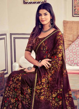 Purple Georgette Classic Sari with Print Work for Women