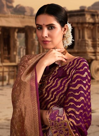 Purple Georgette Contemporary Saree with Embroidered and Weaving Work for Ceremonial