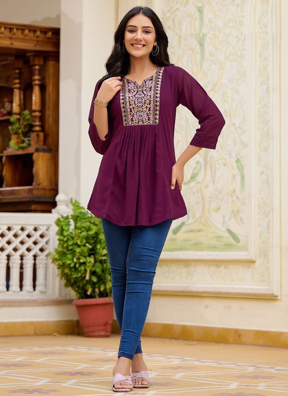 Purple Georgette Designer Kurti with Embroidered Work for Women