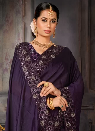 Purple Georgette Designer Saree with Embroidered and Sequins Work
