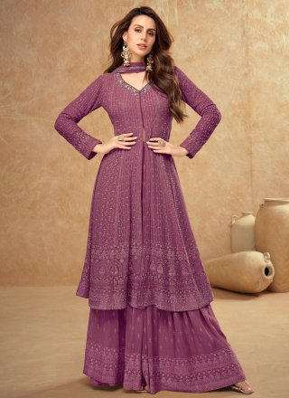 Purple Georgette Embroidered and Sequins Work Readymade Salwar Suit for Ceremonial