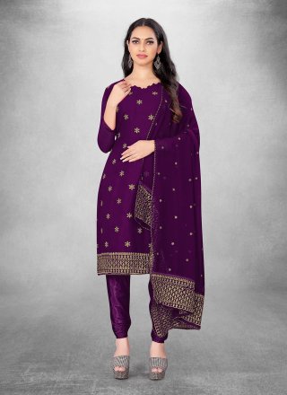 purple georgette embroidered and zari work churidar suit for casual 279775