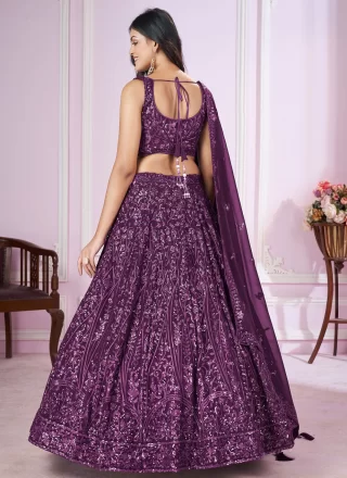 Purple Georgette Embroidered, Sequins and Thread Work Lehenga Choli for Engagement