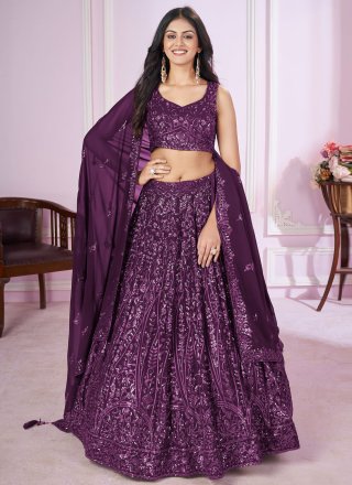 Purple Georgette Embroidered, Sequins and Thread Work Lehenga Choli for Engagement