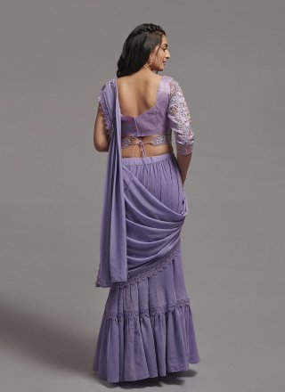 Purple Georgette Embroidered, Sequins and Thread Work Traditional Saree for Ceremonial