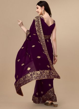 Purple Georgette Embroidered Work Designer Sari for Women
