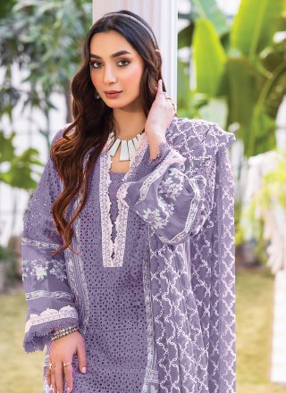 Purple Georgette Embroidered Work Trendy Suit for Ceremonial