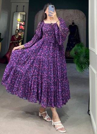 Purple Georgette Floral Patch Work Designer Kurti for Casual