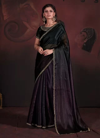 Purple Georgette Hand and Zircon Work Classic Sari for Ceremonial
