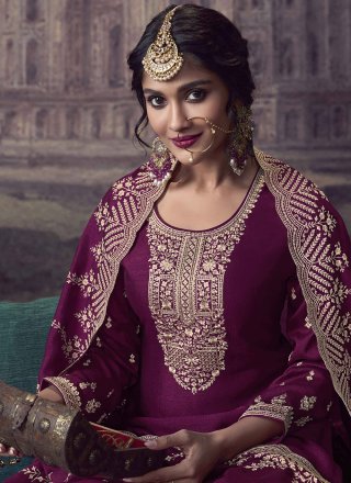 Purple Georgette Palazzo Salwar Suit with Embroidered and Zari Work for Ceremonial