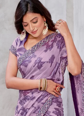Purple Georgette Patch Border, Embroidered and Sequins Work Trendy Saree