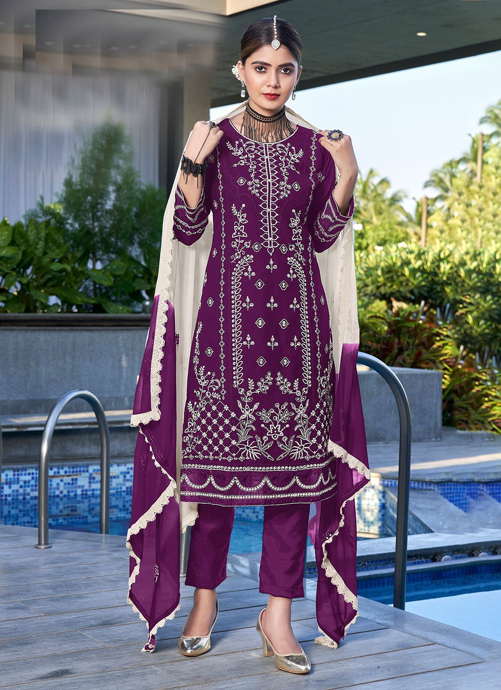 Purple Georgette Salwar Suit with Embroidered and Moti Work for Women