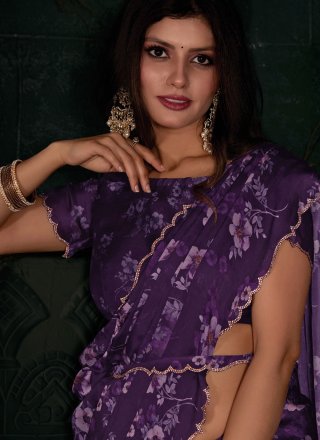 Purple Georgette Satin Classic Sari with Digital Print Work