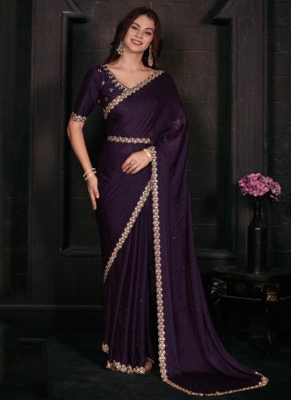 Purple Georgette Satin Contemporary Sari with Zircon Work for Women