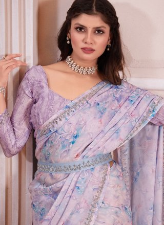Purple Georgette Satin Digital Print and Zircon Work Classic Sari for Women