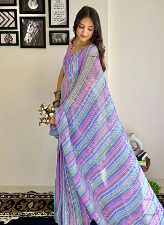 Purple Georgette Trendy Saree with Print and Sequins Work