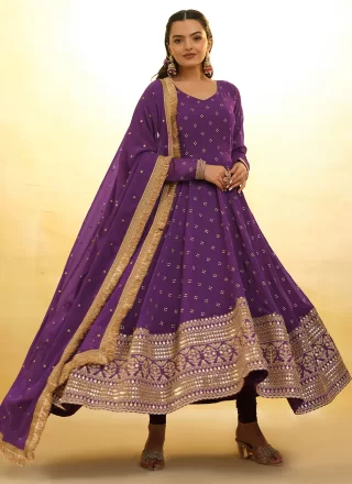 Purple Georgette Trendy Suit with Embroidered Work for Ceremonial