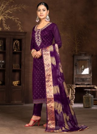 Purple Hand and Woven Work Organza Salwar Suit