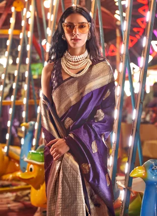 Purple Handloom Silk Contemporary Sari with Weaving Work