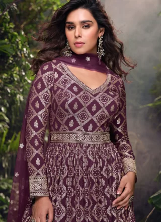 Purple Jacquard  Designer Gown with Embroidered, Print, Sequins and Zari Work for Women