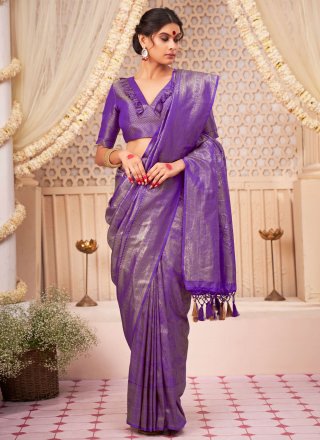 Purple Kanjivaram Silk Contemporary Sari with Woven Work for Ceremonial