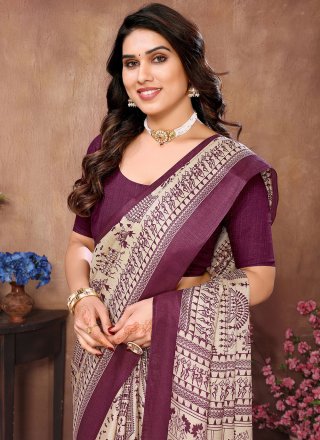 Purple Khadi Trendy Saree with Print Work for Ceremonial