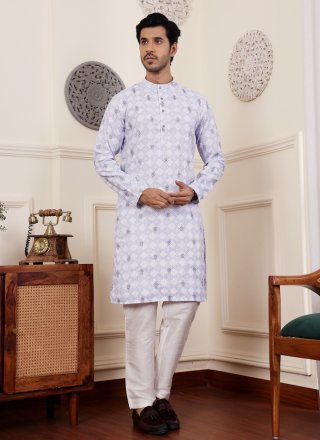 Purple Linen Embroidered Work Kurta Pyjama for Men