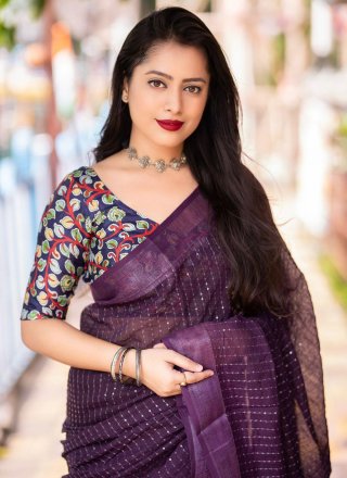 Purple Linen Print and Sequins Work Contemporary Saree for Women