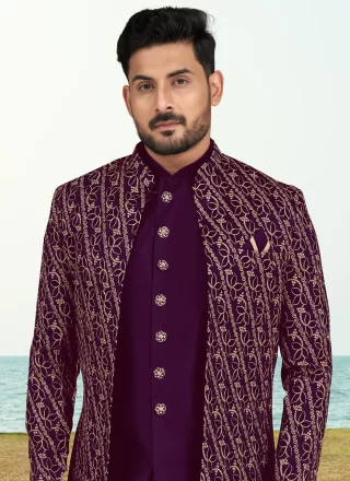 Purple Machine Embroidery and Thread Work Banarasi Silk Sherwani Mens Wear