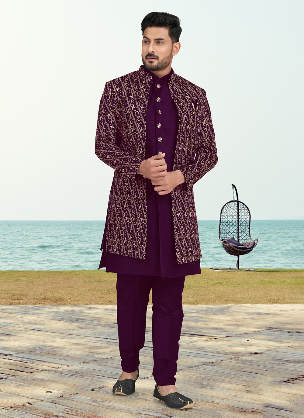 Buy Purple Machine Embroidery and Thread Work Banarasi Silk Sherwani Mens Wear 280316