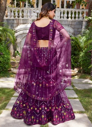 Purple Net A - Line Lehenga Choli with Embroidered and Sequins Work for Women