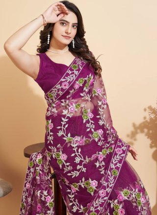 Purple Net Classic Saree with Embroidered Work for Women