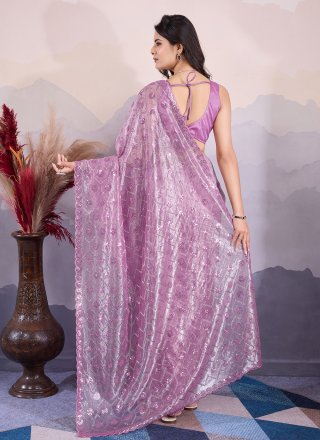 Purple Net Classic Sari with Embroidered and Sequins Work for Engagement