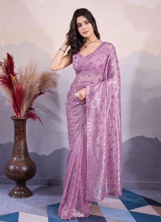 Purple Net Classic Sari with Embroidered and Sequins Work for Engagement