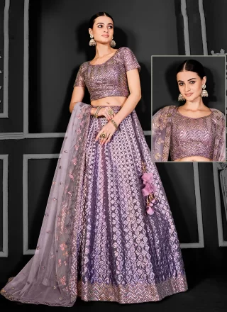 Purple Net Cord, Embroidered and Sequins Work A - Line Lehenga Choli for Women