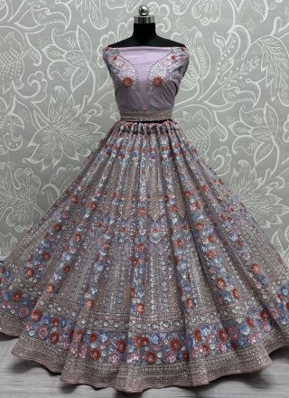 Purple Net Diamond, Embroidered, Sequins, Thread, Zari and Zircon Work A - Line Lehenga Choli for Engagement