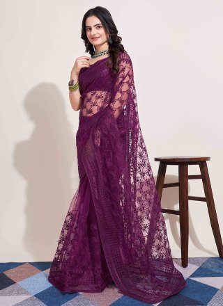 Purple Net Embroidered and Resham Work Classic Sari