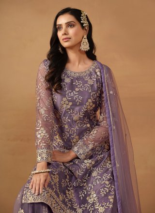 Purple Net Embroidered and Sequins Work Salwar Suit